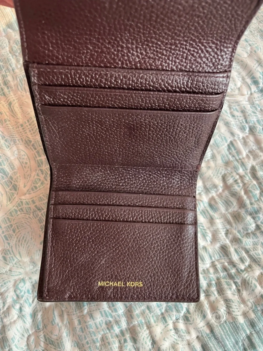 Michael Kors Pebbled Envelope Wallet in Dark Brown / Plum with Gold MK Hardware